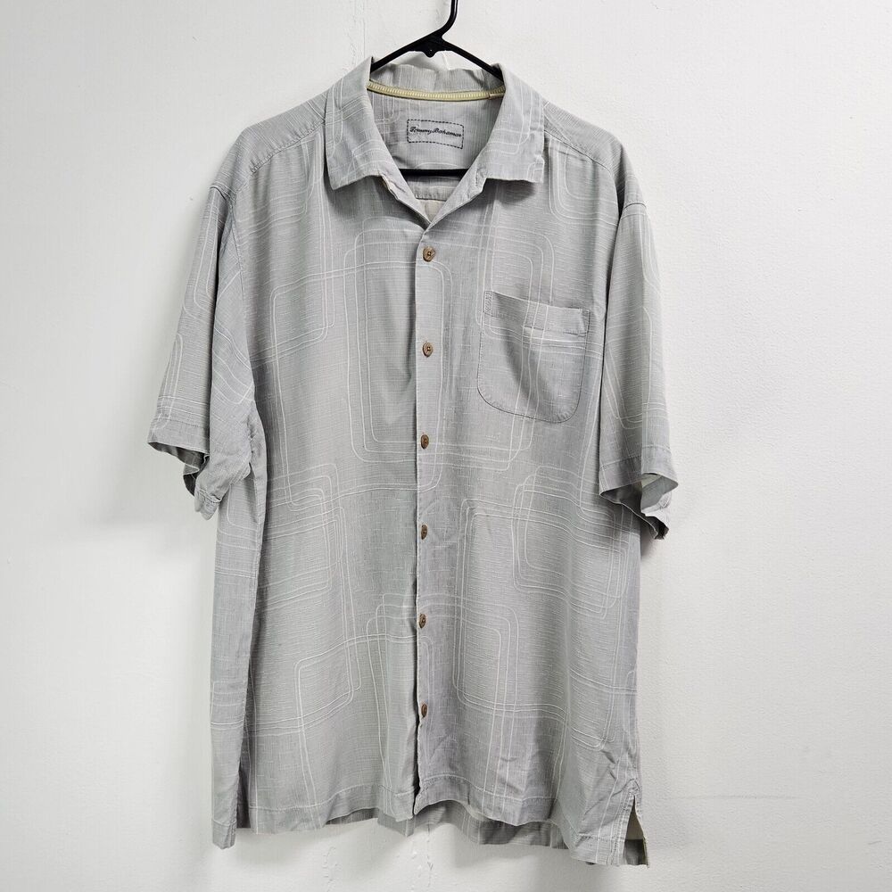 Tommy Bahama Camp Shirt Mens Extra Large Gray Silk Button Up Vacation Casual